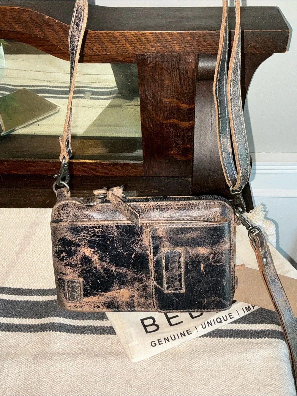 NWT Bed Stu Leather Alelike Crossbody Wristlet Phone Wallet Black Lux MSRP $185